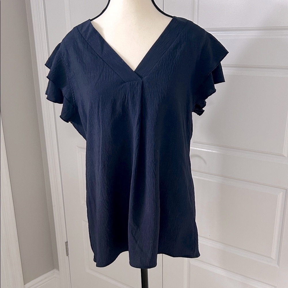 Blooming Jelly Chic Elegant Women’s Navy V-Neck Blouse with Ruffle Sleeves Sz L - Picture 3 of 9